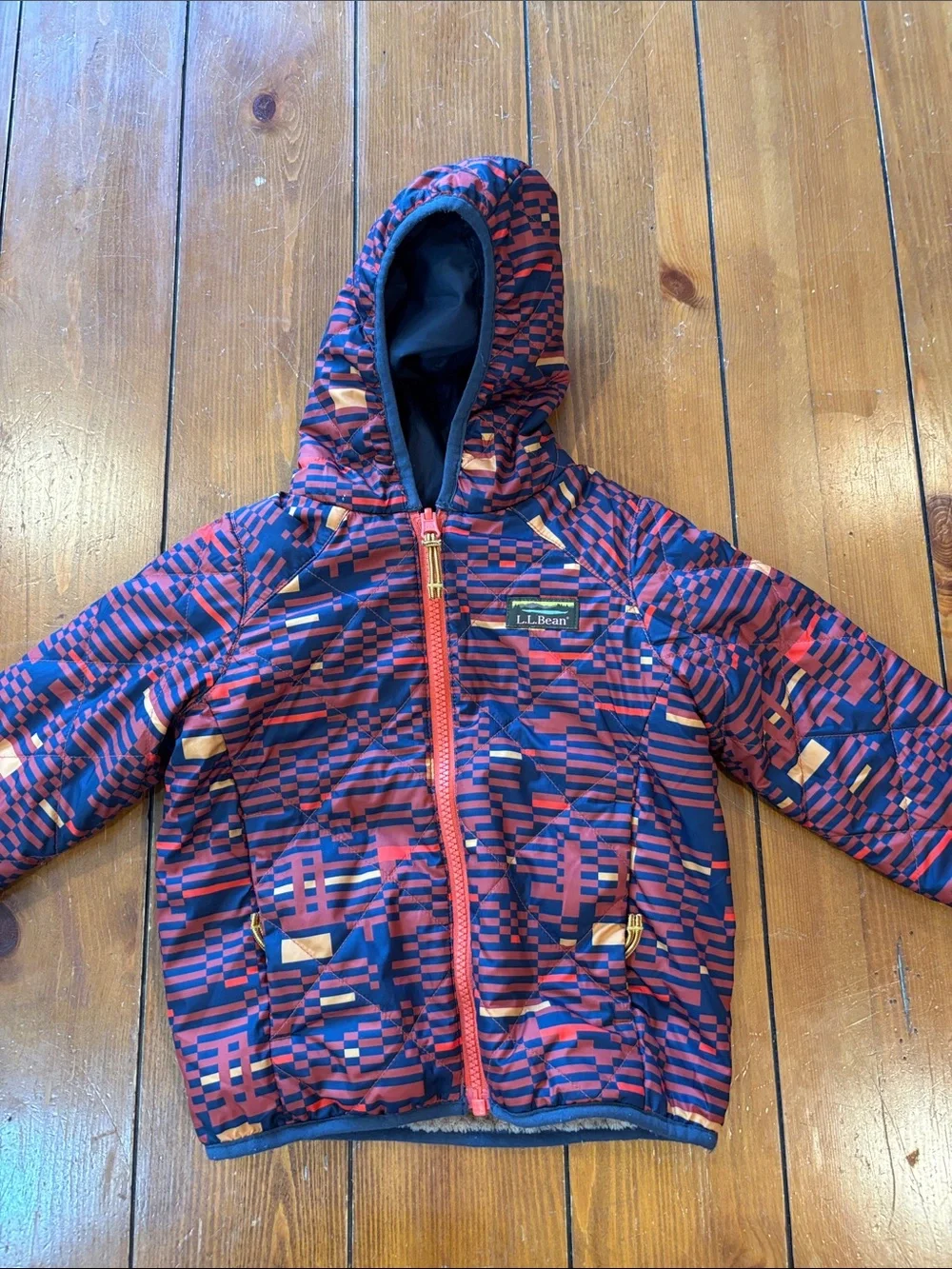L.L. Bean Reversible Tan Sherpa Jacket /Navy Hood & Trim Boys Size Boys 12-18 M